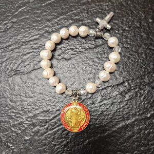 Catholic Freshwater Pearl Rosary Bracelet 1" St. Benedict Medal & Cross Exorcism